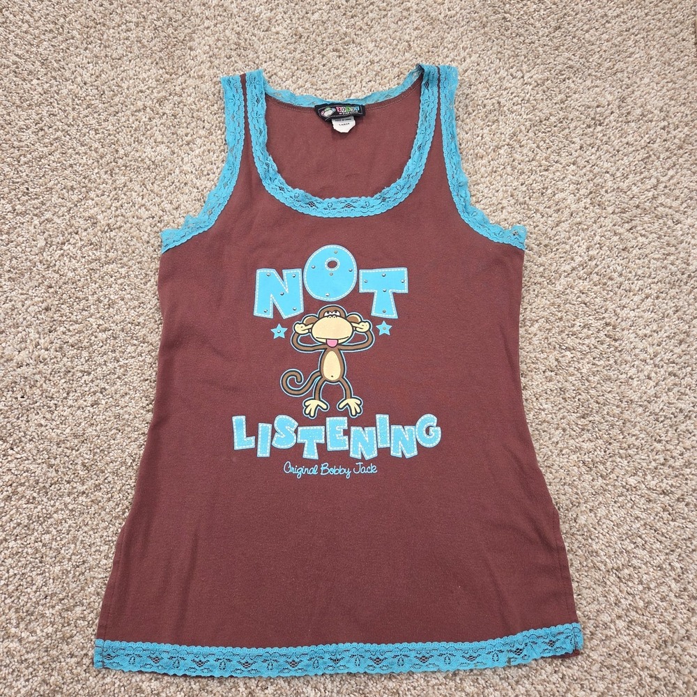 VTG Y2K Bobby Jack Tank Top Scoop Neck Brown Graphic blue Lace Not Listening L